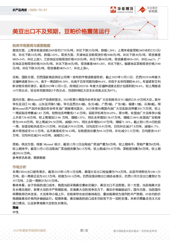 农产品周报：美豆出口不及预期，豆粕价格震荡运行