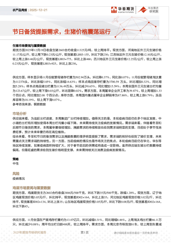 农产品周报：节日备货提振需求，生猪价格震荡运行