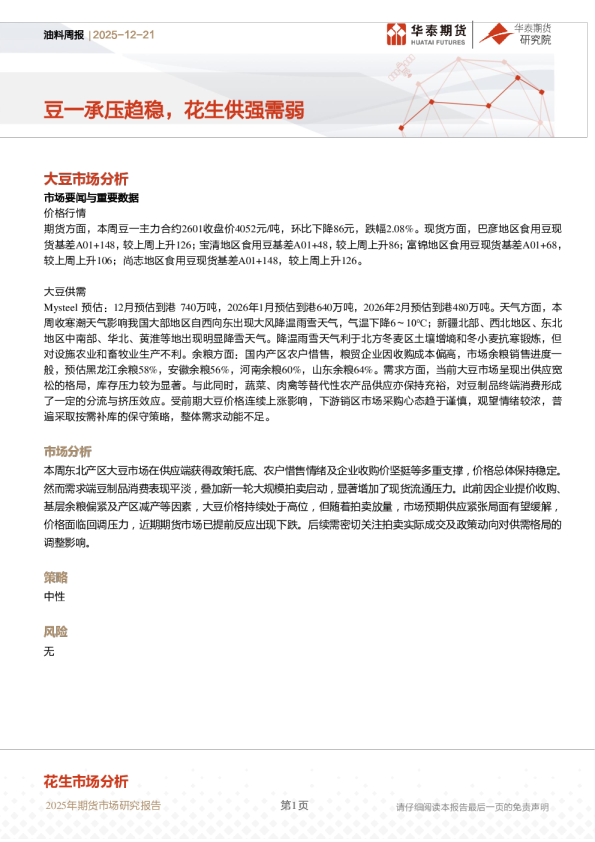 油料周报：豆一承压趋稳，花生供强需弱