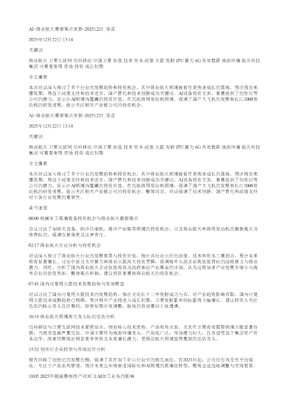 AI商业航天重要观点更新20251221