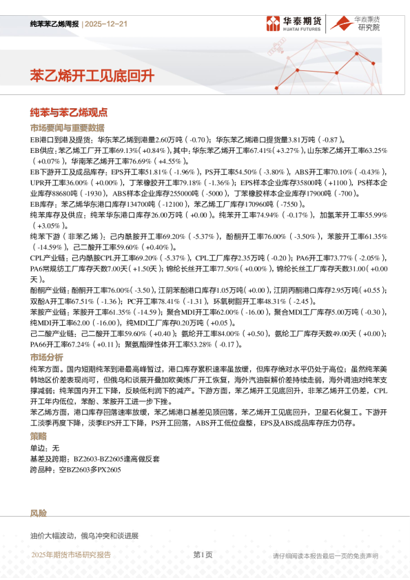 苯乙烯开工见底回升