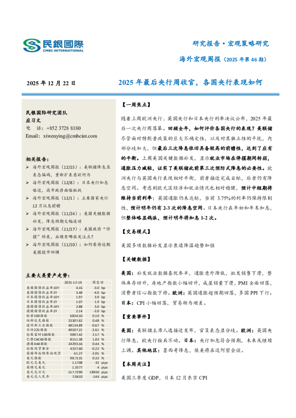 海外宏观周报：2025年最后央行周收官，各国央行表现如何