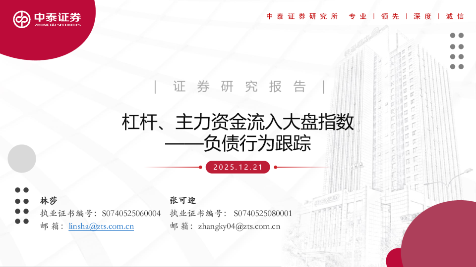 负债行为跟踪：杠杆、主力资金流入大盘指数