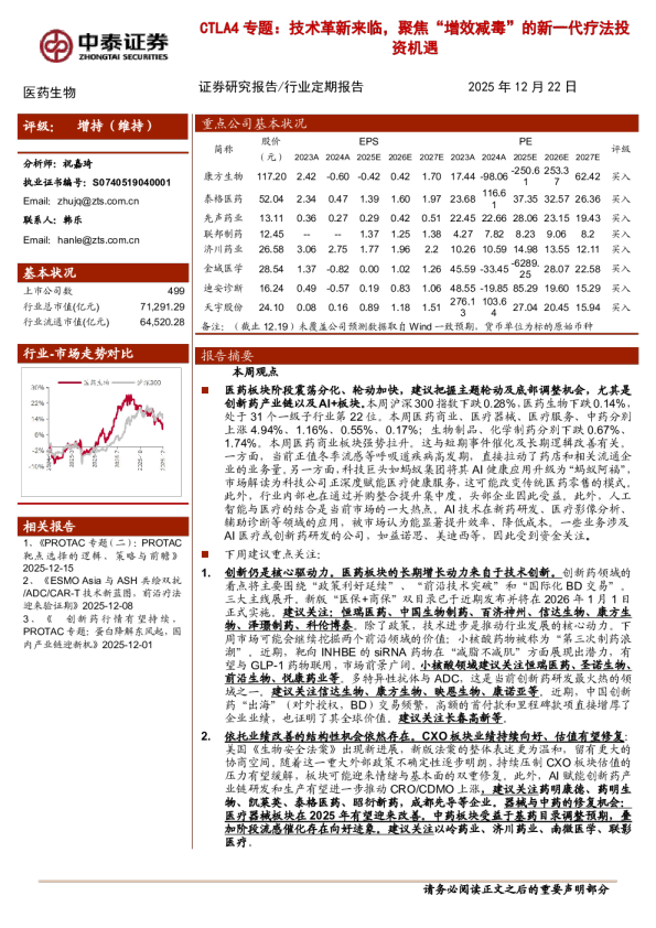 CTLA4专题：技术革新来临，聚焦“增效减毒”的新一代疗法投资机遇