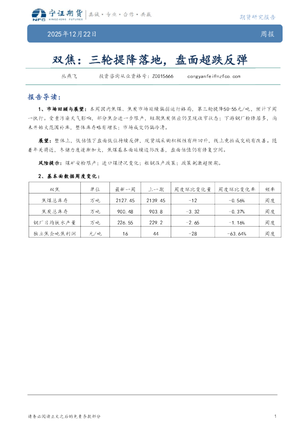 双焦：三轮提降落地，盘面超跌反弹