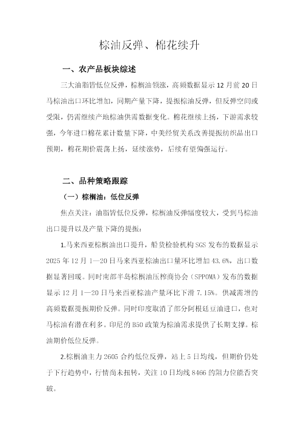 棕油反弹、棉花续升