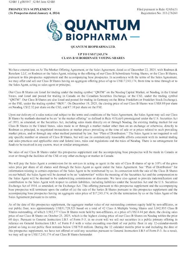 Quantum BioPharma Ltd-B美股招股说明书(2025-12-22版)