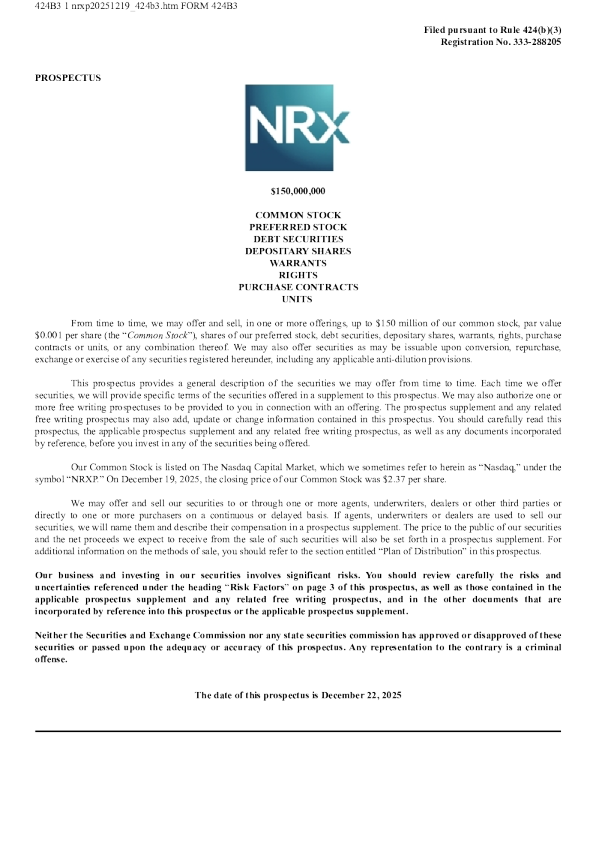 NRX Pharmaceuticals Inc美股招股说明书(2025-12-22版)