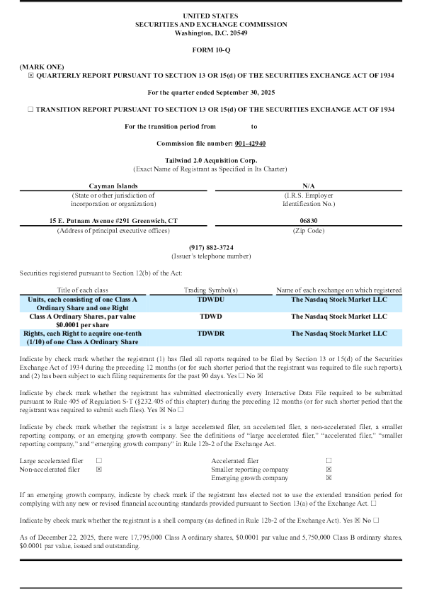 Tailwind 2.0 收购公司-A 2025年季度报告