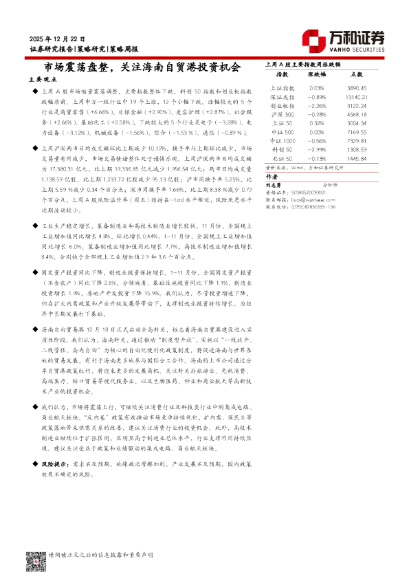 市场震荡盘整，关注海南自贸港投资机会