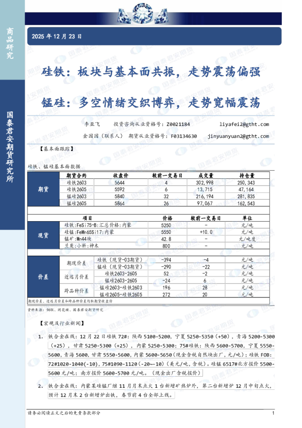 硅铁：板块与基本面共振，走势震荡偏强 锰硅：多空情绪交织博弈，走势宽幅震荡