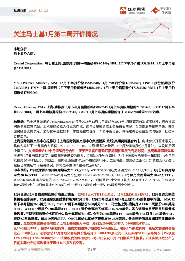 航运日报：关注马士基1月第二周开价情况