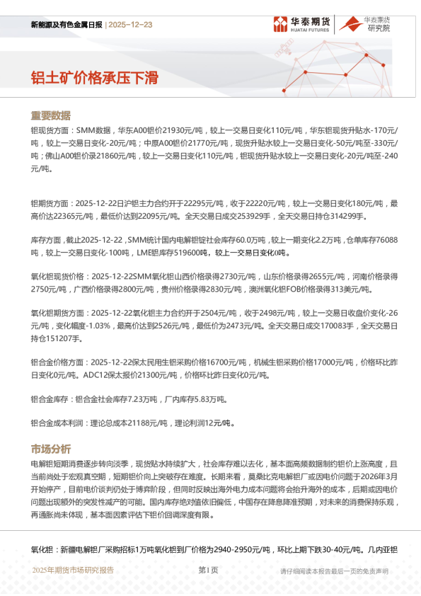 新能源及有色金属日报：铝土矿价格承压下滑