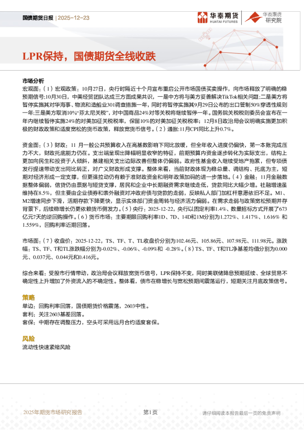 国债期货日报：LPR保持，国债期货全线收跌