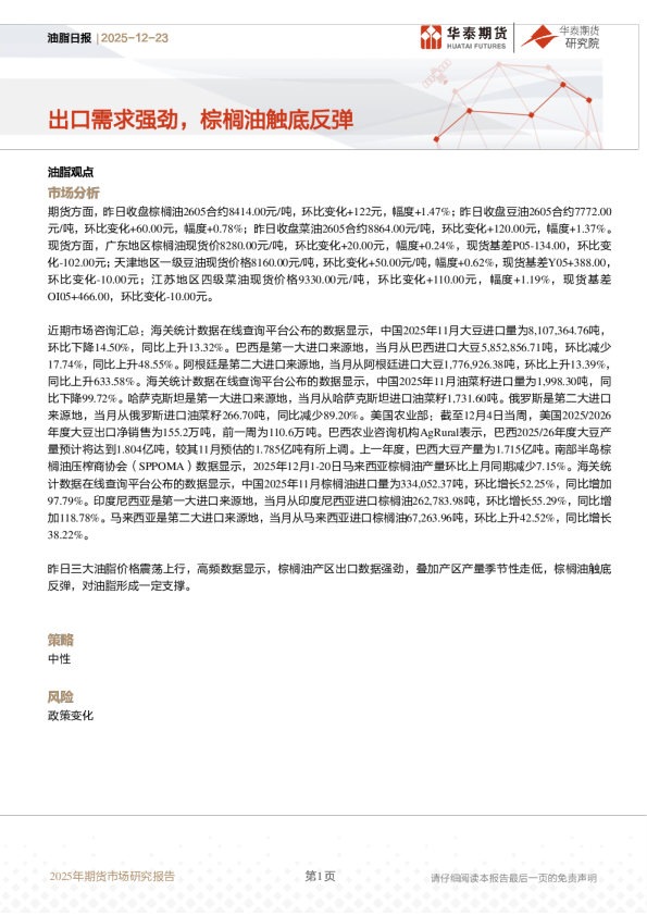 油脂日报：出口需求强劲，棕榈油触底反弹