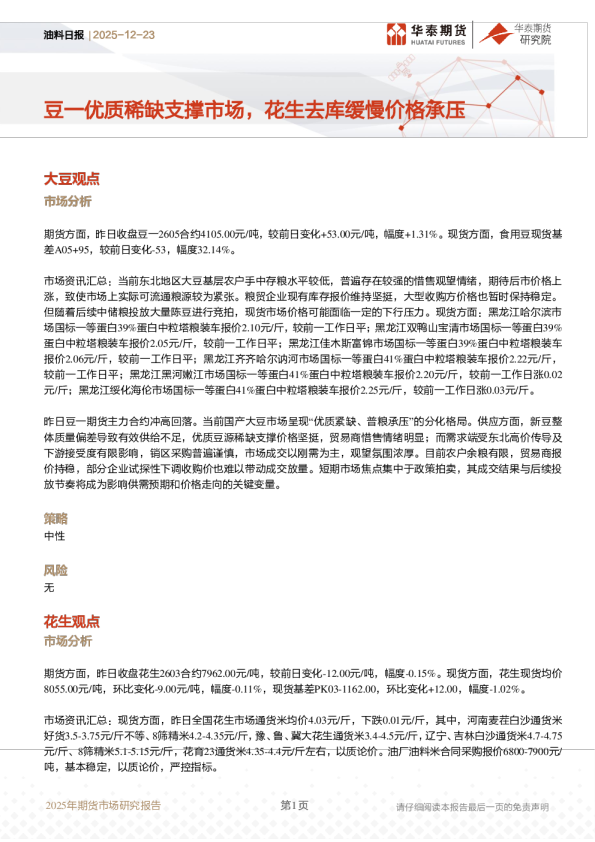 油料日报：豆一优质稀缺支撑市场，花生去库缓慢价格承压