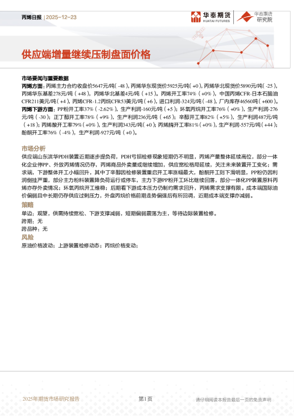 丙烯日报：供应端增量继续压制盘面价格
