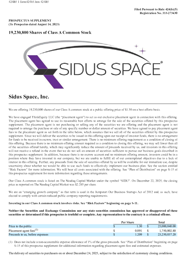 Sidus Space Inc-A美股招股说明书(2025-12-23版)