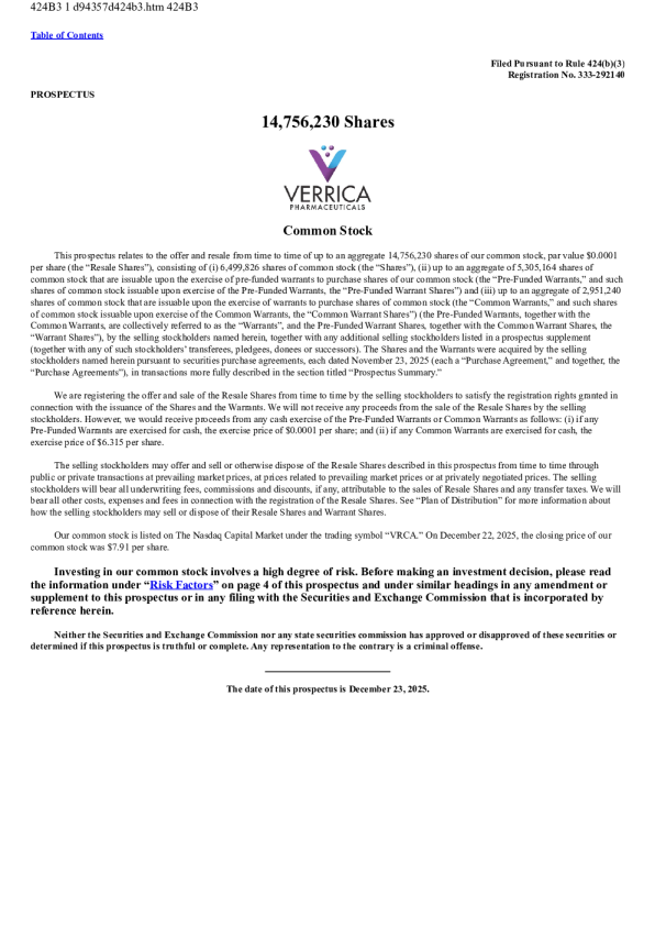 Verrica制药美股招股说明书(2025-12-23版)