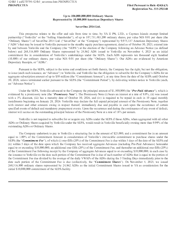 SaverOne 2014 Ltd ADR美股招股说明书(2025-12-23版)