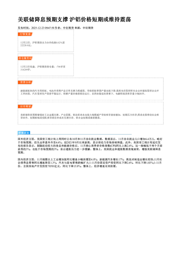 美联储降息预期支撑 沪铝价格短期或维持震荡