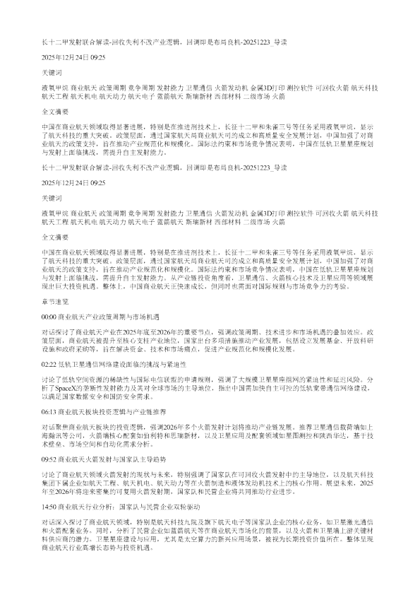 长十二甲发射联合解读回收失利不改产业逻辑回调即是布局良机20251223