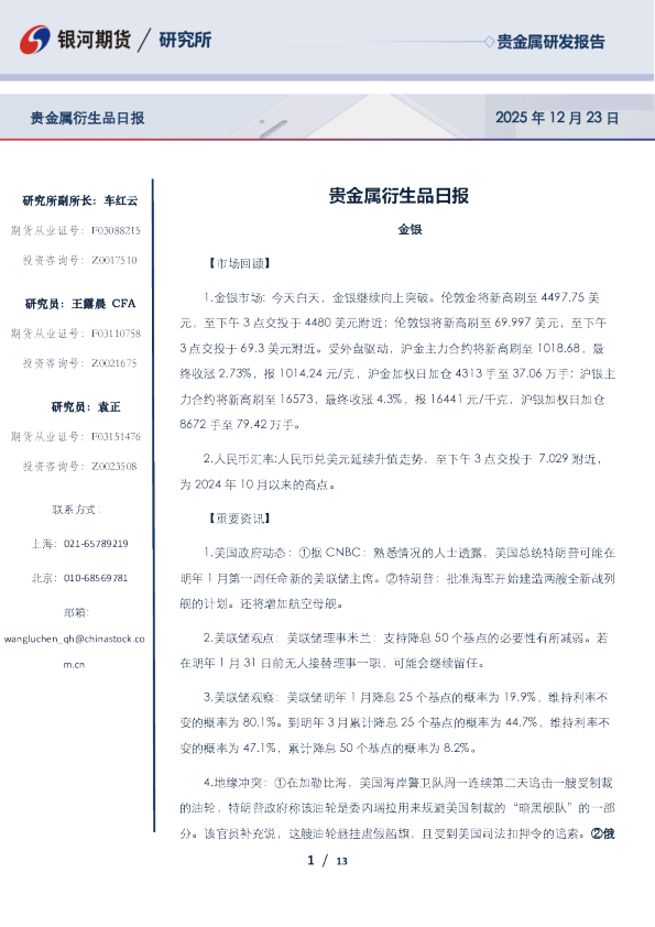 贵金属衍生品日报