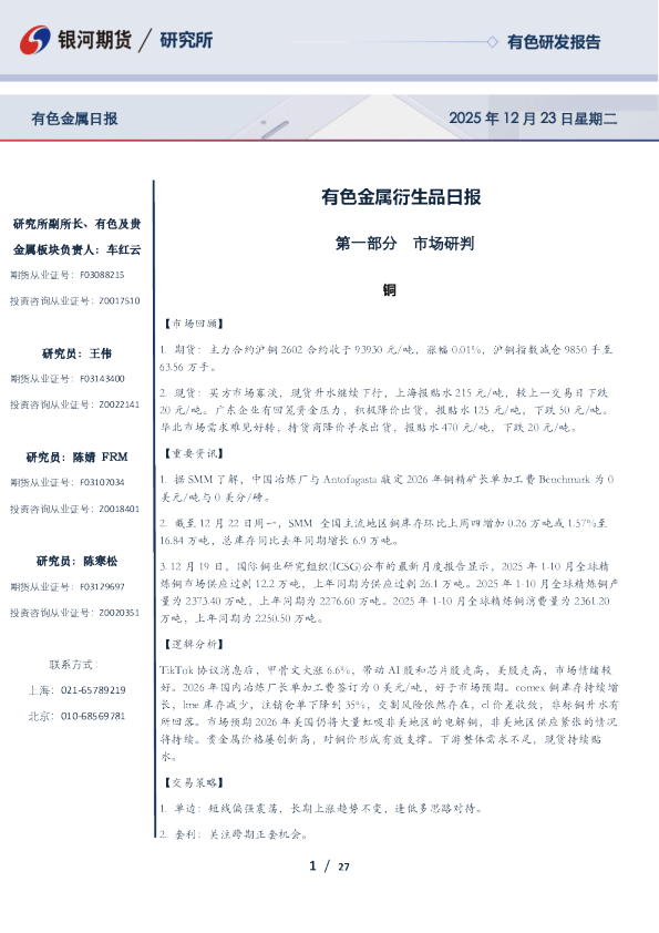 有色金属衍生品日报
