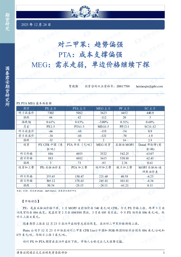 对二甲苯：趋势偏强 PTA：成本支撑偏强 MEG：需求走弱，单边价格继续下探