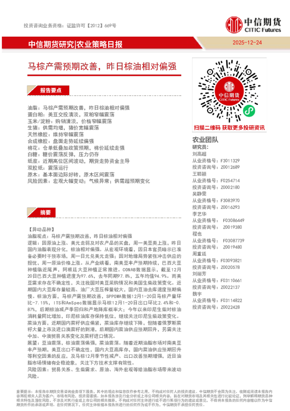 农业策略日报：马棕产需预期改善，昨日棕油相对偏强