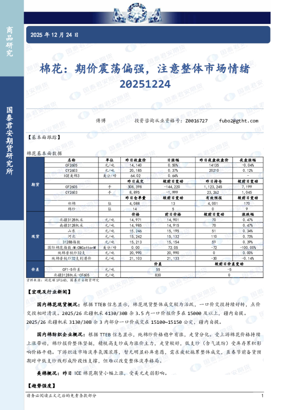 棉花：期价震荡偏强，注意整体市场情绪