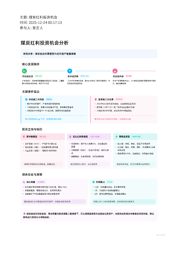 煤炭红利投资机会