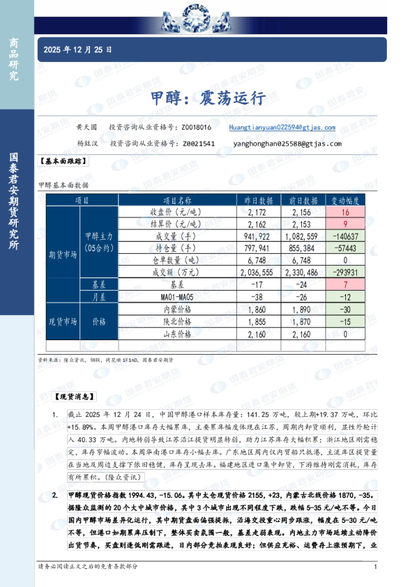 甲醇：震荡运行