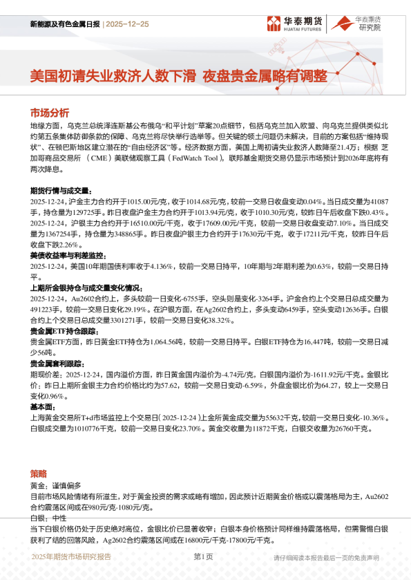 新能源及有色金属日报：美国初请失业救济人数下滑 夜盘贵金属略有调整