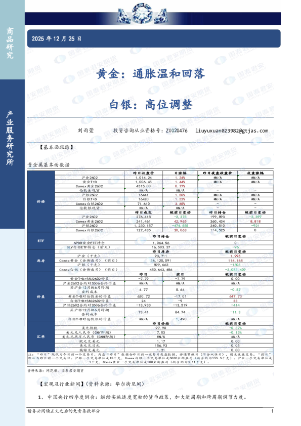 黄金：通胀温和回落 白银：高位调整