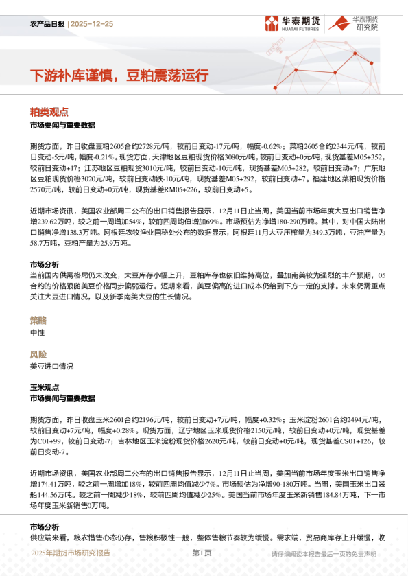 农产品日报：下游补库谨慎，豆粕震荡运行