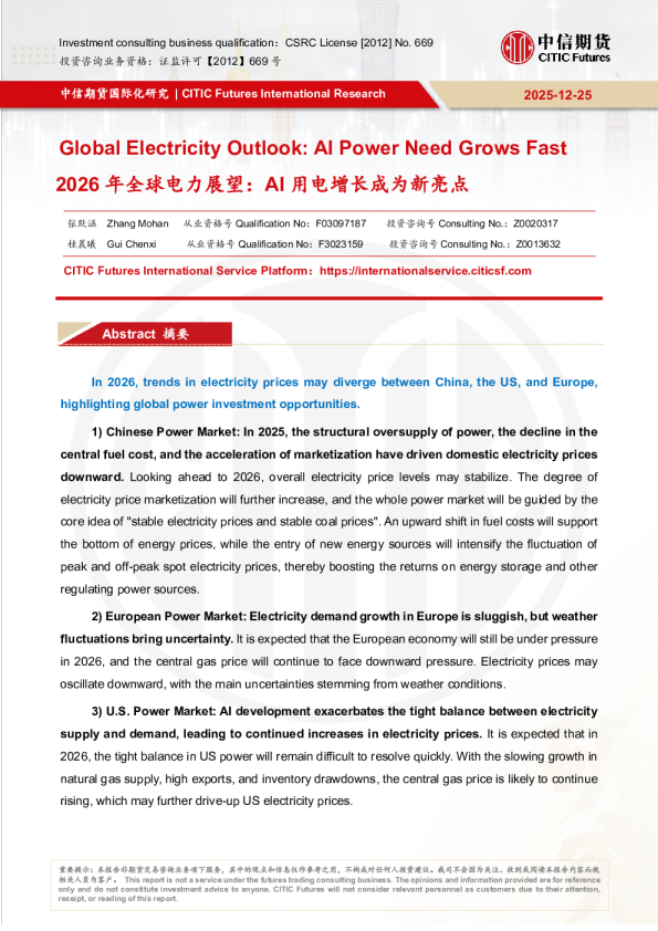 2026年全球电力展望：AI用电增长成为新亮点