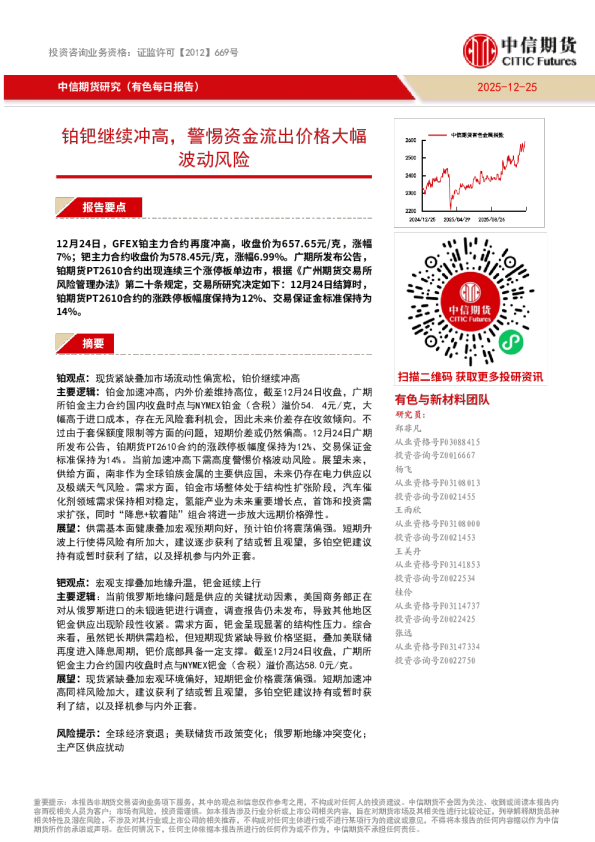 有色每日报告：铂钯继续冲高，警惕资金流出价格大幅波动风险