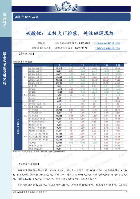 碳酸锂：正极大厂检修，关注回调风险