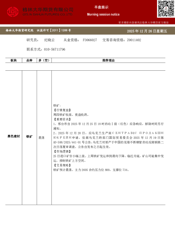 格林大华期货早盘提示：铁矿