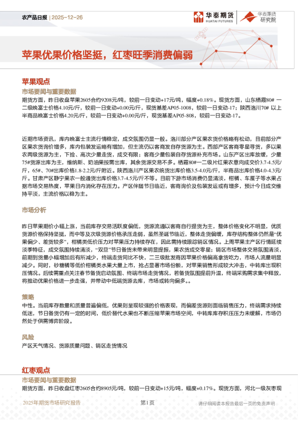 农产品日报：苹果优果价格坚挺，红枣旺季消费偏弱