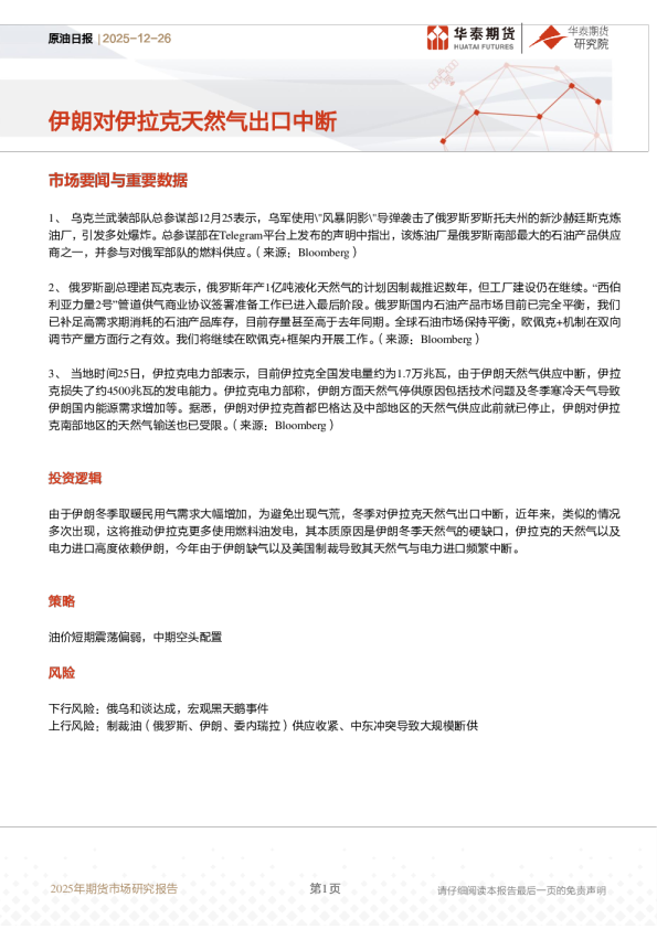 原油日报：伊朗对伊拉克天然气出口中断