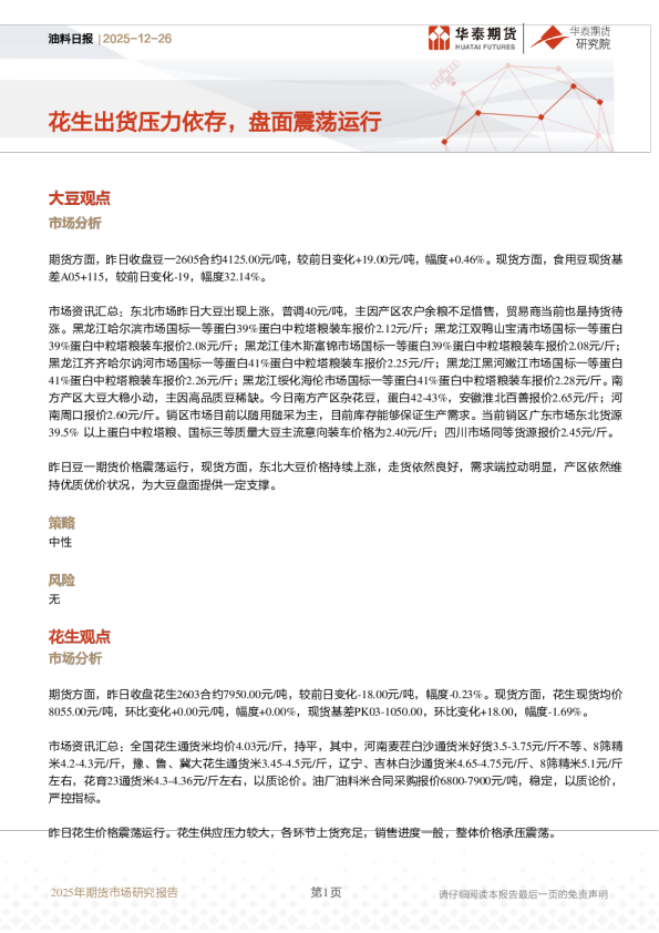 油料日报:花生出货压力依存,盘面震荡运行