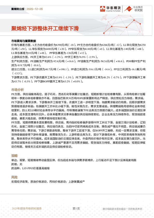 聚烯烃日报：聚烯烃下游整体开工继续下滑