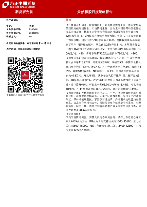 天然橡胶月度策略报告