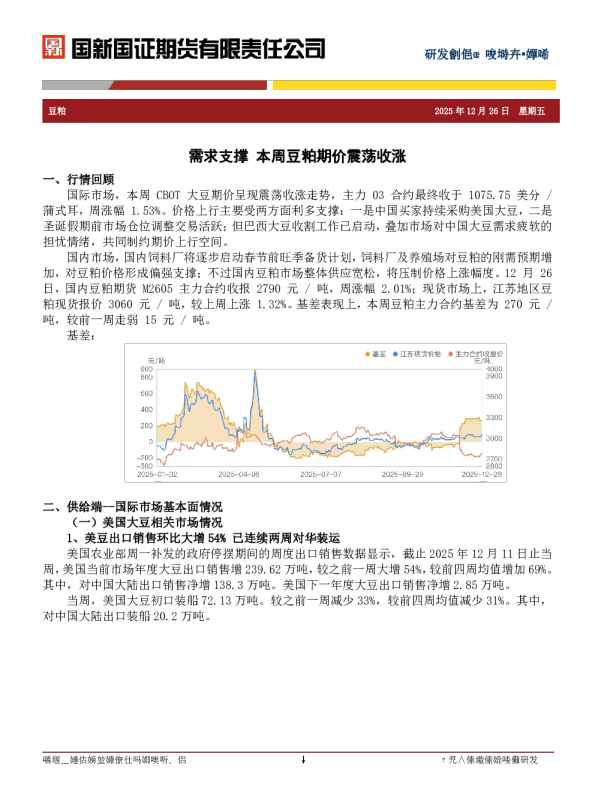 豆粕周评：需求支撑 本周豆粕期价震荡收涨