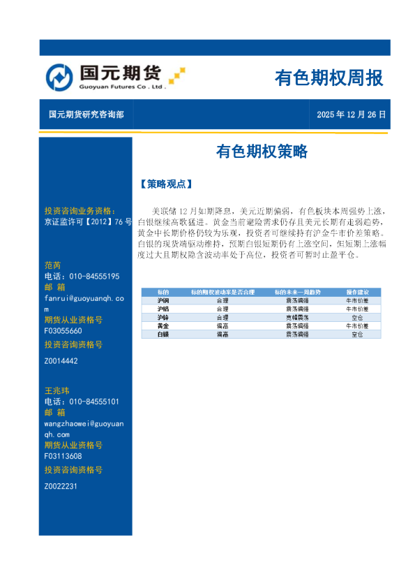 有色期权周报：有色期权策略
