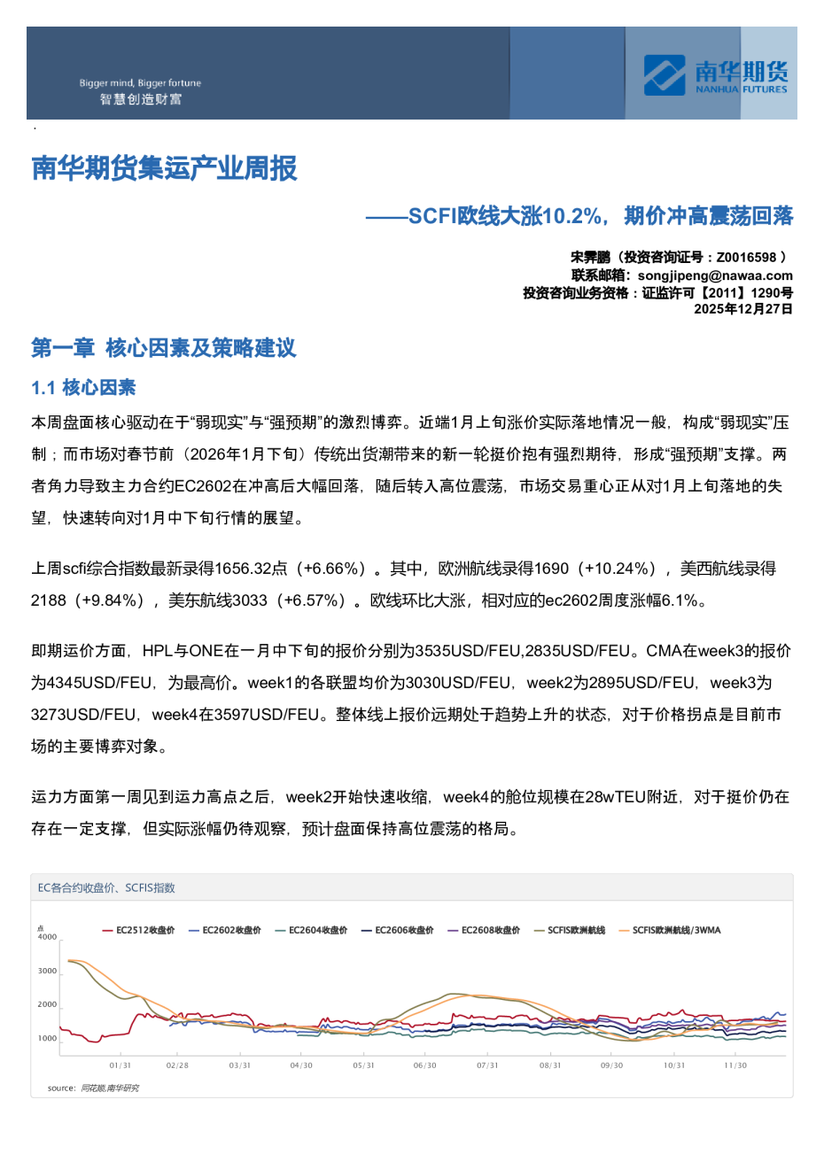 南华期货集运产业周报:SCFI欧线大涨10.2%,期价冲高震荡回落20251227
