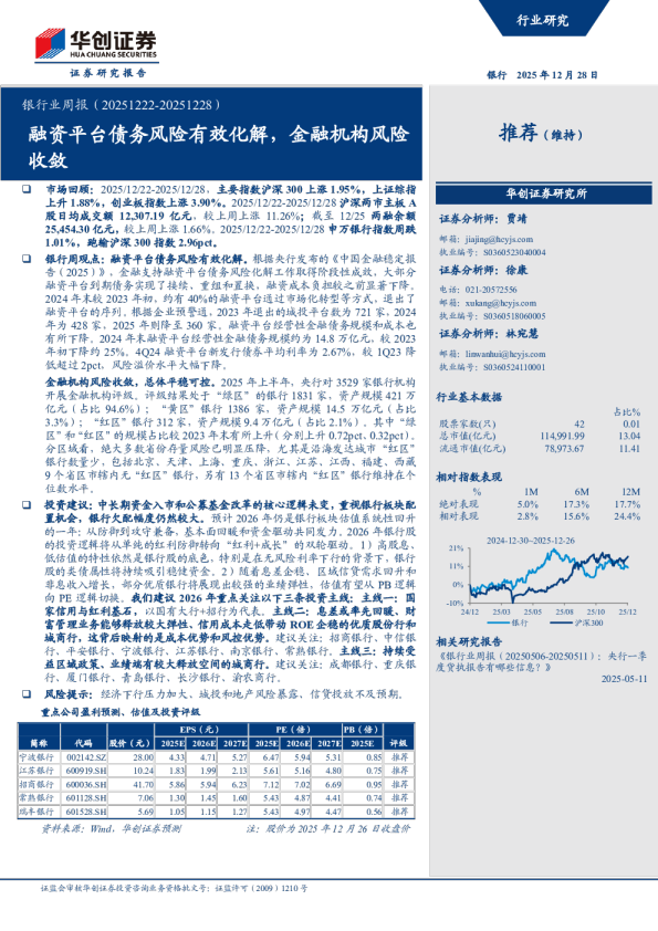 银行业周报（20251222-20251228）：融资平台债务风险有效化解，金融机构风险收敛