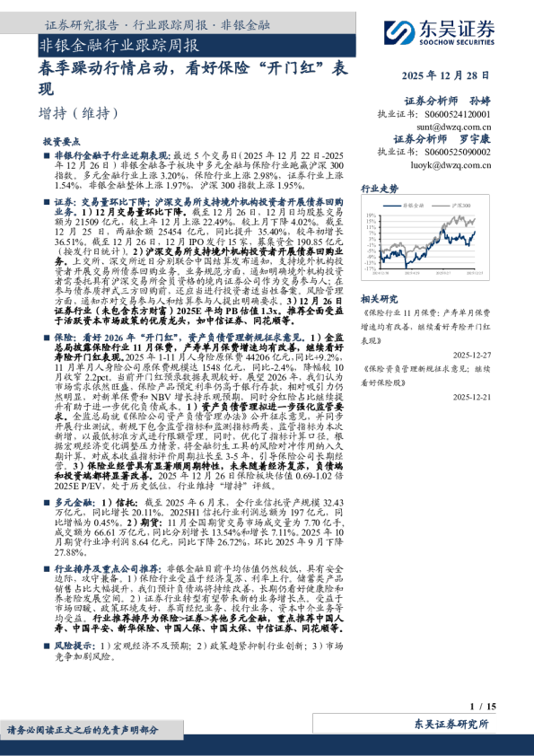 非银金融行业跟踪周报:春季躁动行情启动,看好保险“开门红”表现